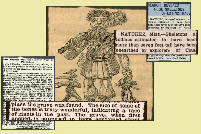 Các mẩu tin miêu tả các khám phá về những mảnh xương khổng lồ. Nền: Trang bìa của cuốn truyện dân gian “Jack the Giant Killer (Jack và đại chiến người khổng lồ).” (Wikimedia Commons)