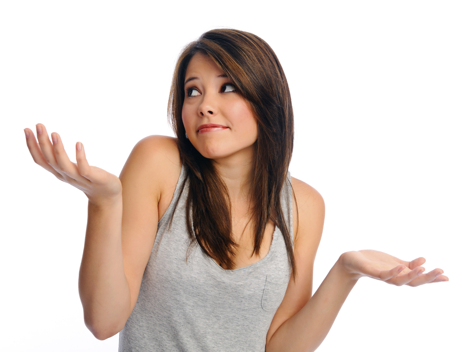 Isolated beautiful girl shrugs her shoulders